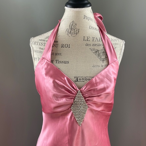 Vintage Gunne Sax pink sateen halter maxi … - Picture 2 of 12